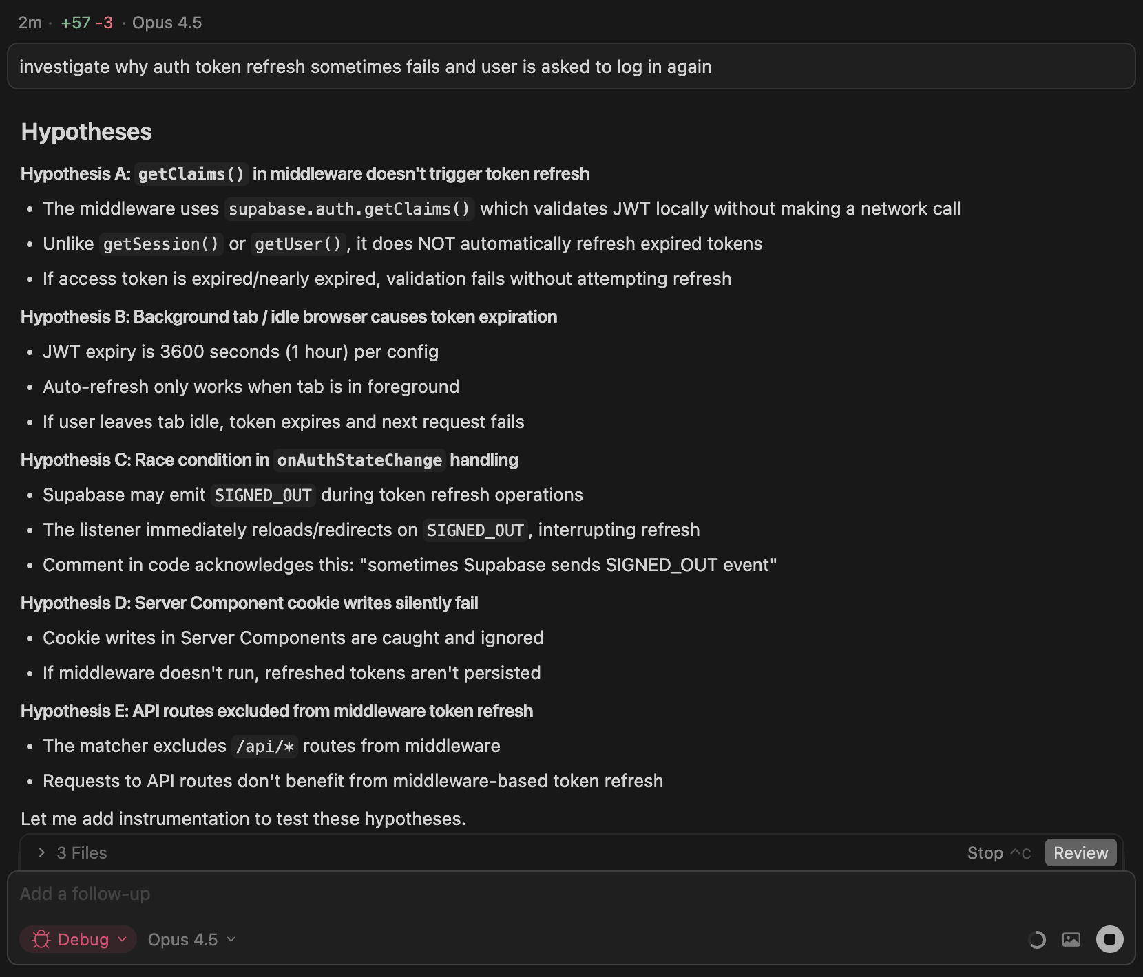 Debug Mode generating hypotheses for an auth token refresh bug